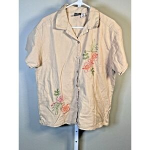 Big‎ Dogs Resortwear Embroidered Women's Shirt Large Button Up Khaki Cotton Flax